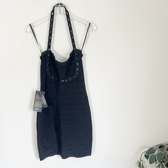 Bebe Luxe Dress Bandage Bodycon Mini Studded Halter Black Size M Club Party New - Picture 1 of 9